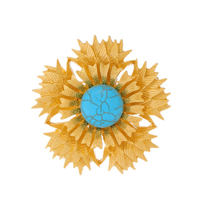 Front product view of the sunflower brooch pin in gold and aqua