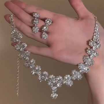 Clear Crystal Floral Necklace And Earrings Jewelry Set