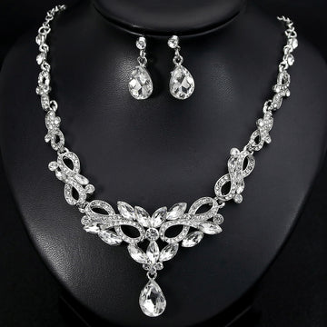 Black Silver Tone Crystal Leaf Teardrop Crystal Metal Necklace