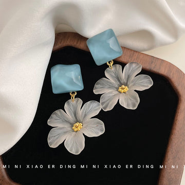 Aqua Square Top And Translucent White Daisy Drop Stud Earrings