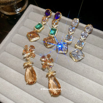 Gold Mixed Crystal Geometric Drop Earrings Decorative Jewelry