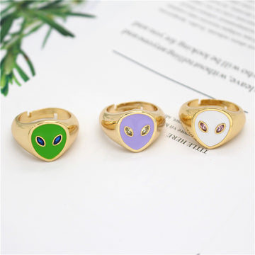 Gold Tone Adjustable Enamel Alien Head Rings in Three Colors