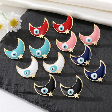 Gold Tone Enamel Crescent Moon Evil Eye Stud Earrings in Five Colors