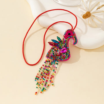 Beaded Flamingo Charm Pendant with Rhinestone Fringe Tassel