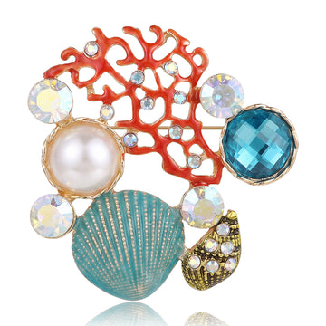 Coral and Seashell Brooch With Teal Pearl and Blue Crystal
