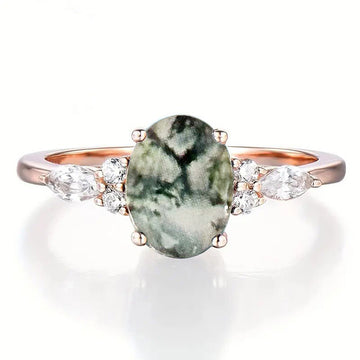 Rose Gold Oval Moss Agate Marquise Side Ring Sizes 6-10