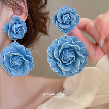 Blue Fabric Double Flower Drop Stud Earrings Jewelry Pair