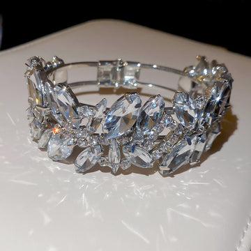 Silver Crystal Marquise Leaf Open Cuff Bracelet Hinge Clasp