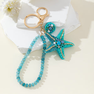 Beaded Rhinestone Starfish Keychain With Beaded Wristlet Strap