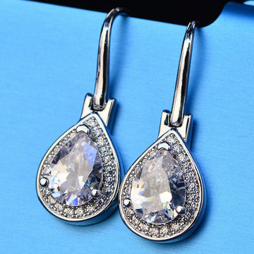Silver Tone Teardrop Halo Leverback Earrings