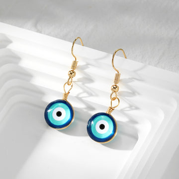 Gold Tone Double Sided Blue Evil Eye Hook Earrings