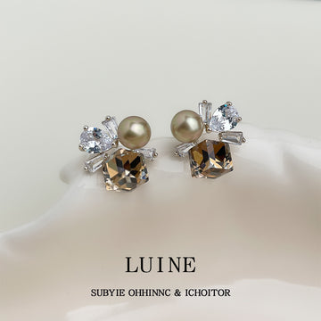 Silver Tone Cluster Stud Earrings Pearl Clear Stones Brown Crystal