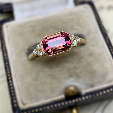 Magenta Rectangular Three-Stone Ring In Polished Gold Tone