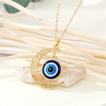 Gold Tone Openwork Crescent Moon Evil Eye Pendant Necklace