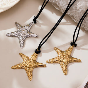Textured Starfish Pendant on Long Black Cord Necklace