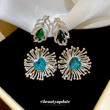Crystal Leaf and Flower Drop Earrings in Green and Blue