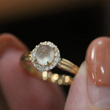 Gold Tone Milky Cabochon Halo CZ Finger Ring Sizes 6-10