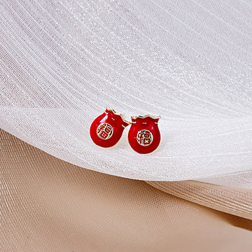 Red Fu Character Fortune Bag and Ingot Stud Earrings