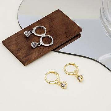 Round Gem Drop Huggie Hoop Earrings Gold Silver Metal