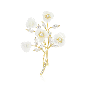 White Blossom Branch Brooch with Gold Tone Stems Clothing Pin