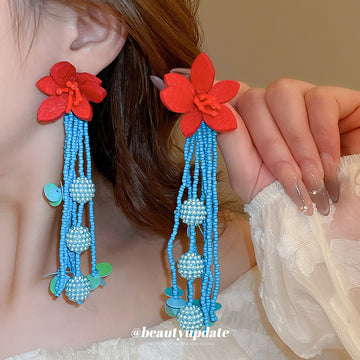 Red Flower and Blue Beaded Tassel Statement Earrings