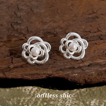 Silver Textured Camellia Flower Pearl Stud Earrings