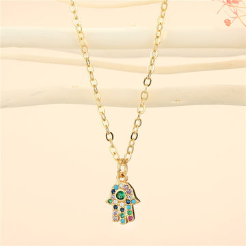 Gold Tone Crystal Hamsa Hand Pendant Necklace with Fine Chain
