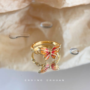 Gold Tone Red Orange Butterfly Open Adjustable Ring For Women