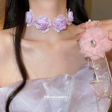 Sheer Floral Choker Necklaces with Crystal Center Flowers