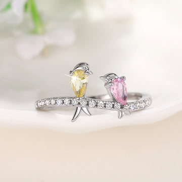 Silver Twin Bird Ring Pink Yellow Stones Multi Sizes