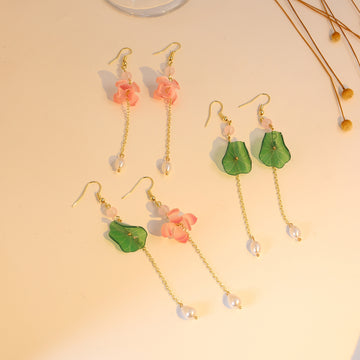 Green Lotus Leaf and Pink Flower Long Chain Earrings