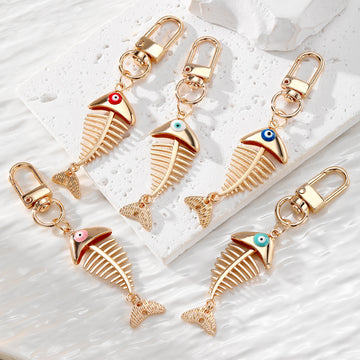 Fish Skeleton Evil Eye Clip Keychains in Four Pictured Colors