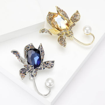 Orchid Flower Brooch Large Gem Center Pearl Stem Rhinestone
