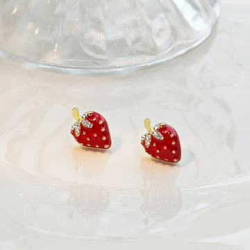 Red Enamel Strawberry Stud Earrings Crystal Leaf Gold