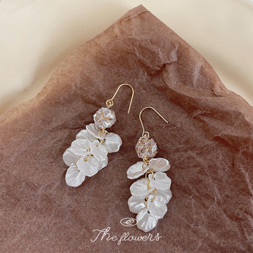 Gold Tone White Leaf And Pale Pink Stone Cluster Hook Earrings