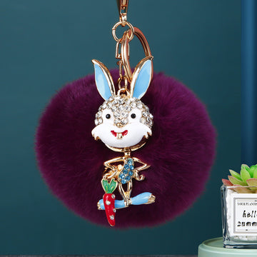 Jeweled Carrot Rabbit Keychains with Round Faux Fur Pom Poms