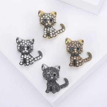 Crystal Kitten Metal Brooch with Wide-eyed Cat with Crystal-covered Body and Curled Tail
