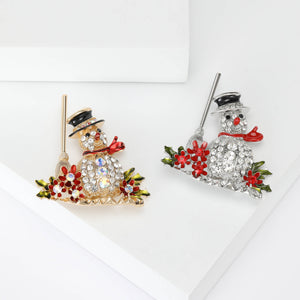 Rhinestone Snowman Brooch Broom Holly Red Scarf Pin
