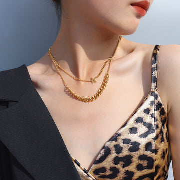 Double Layer Curb Chain Star Pendant Necklace Gold Steel