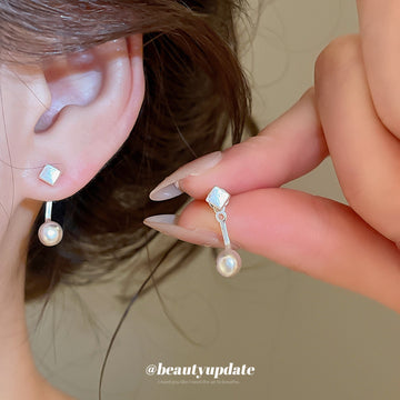 Square Stud Pearl Drop Earrings with Curved Silver Tone Stems