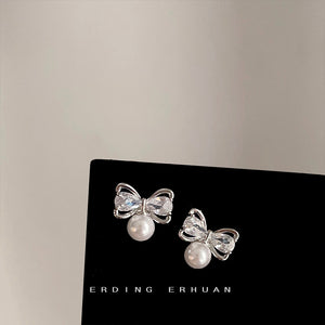 Silver Tone Clear Butterfly White Pearl Like Stud Earrings