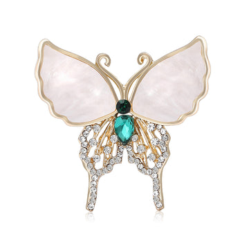 Gold Tone Butterfly Brooch With Shell Wings And Green Crystal