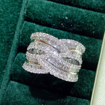 Crossed Multi-Rail Baguette Extra-Wide Ring In Silver Tone