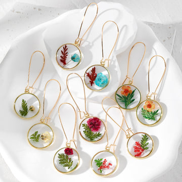 Gold Tone Round Pressed Flower Resin Long Hook Earrings