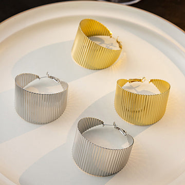 Gold and Silver Wide Corrugated Statement C Hoop Earrings
