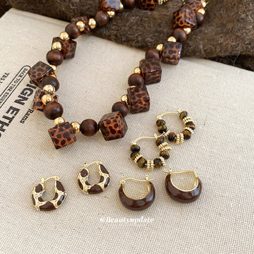 Leopard Cube Wood Bead Necklace Brown Hoop Earrings Set