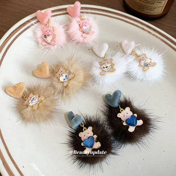 Bow Bear and Faux Fur Pom Pom Earrings in Four Colors