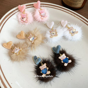 Bow Bear and Faux Fur Pom Pom Earrings in Four Colors