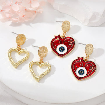 Gold Tone Enamel Evil Eye Heart and Open Heart Drop Stud Earrings