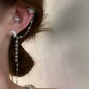 Silver Tone Moon And Star Ear Jewelry With Fine Chain Drops